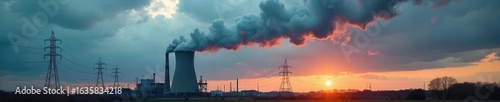 Dramatic Overcast Sky Over Coal Power Plant Smokestack, Steam Emission, Traditional Energy, Fossil Fuel Pollution