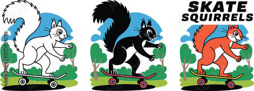 Three cool squirrels skateboarding in a park
