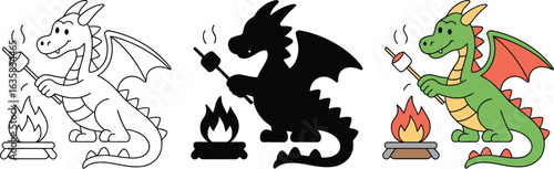 Cute dragon roasting marshmallow by campfire, cartoon style