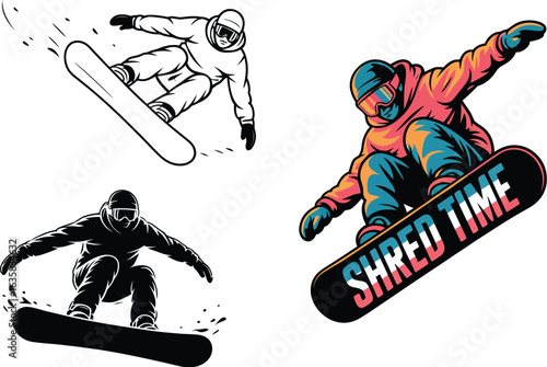 Dynamic snowboarders catch air in stylish action poses