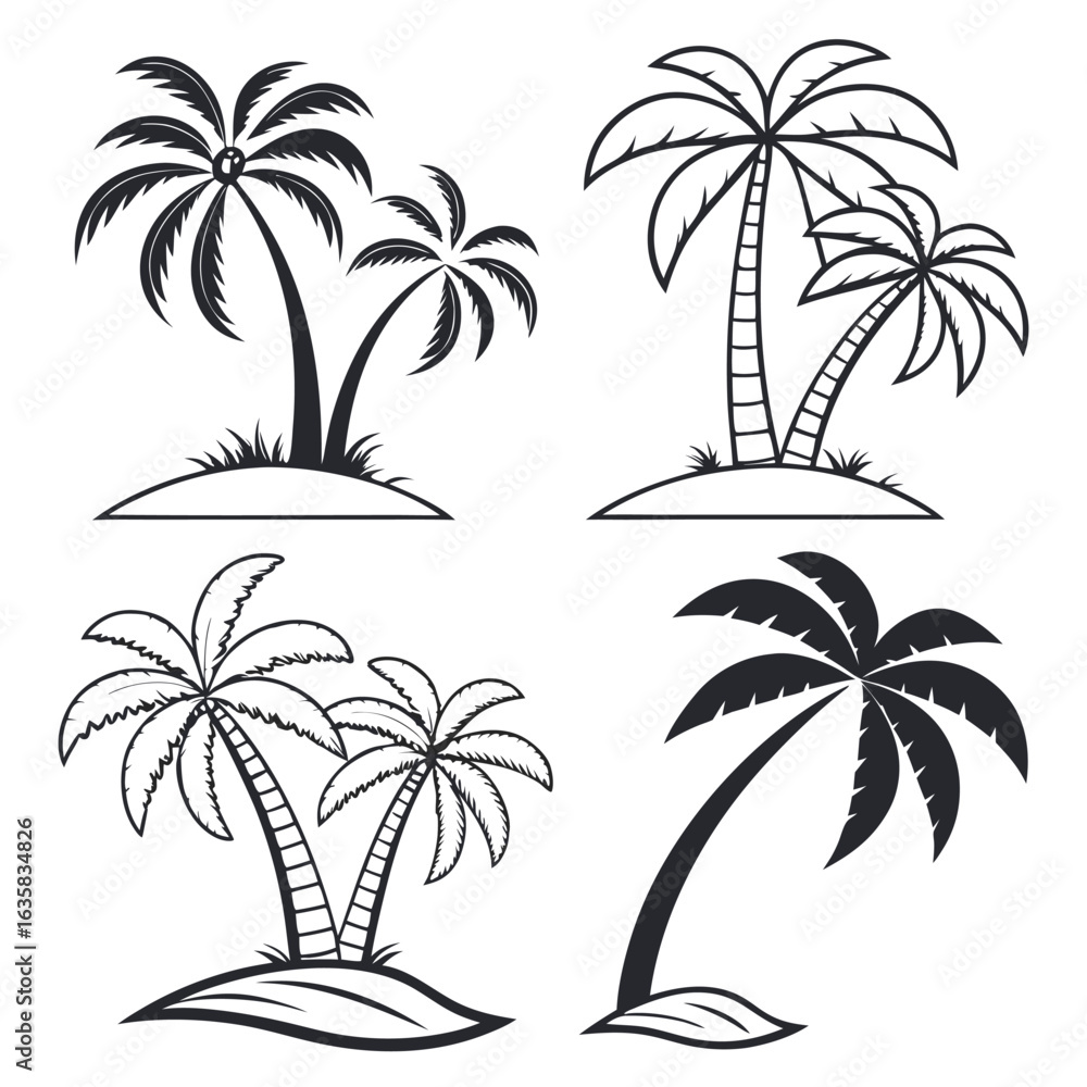 Fototapeta premium Vector art of collection of four stylized palm trees, isolated on a white background, representing tropical island scenery and summer vacation