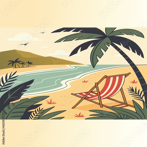 Vector art of a tranquil tropical beach scene with a palm tree and a lounge chair, perfect for a relaxing vacation