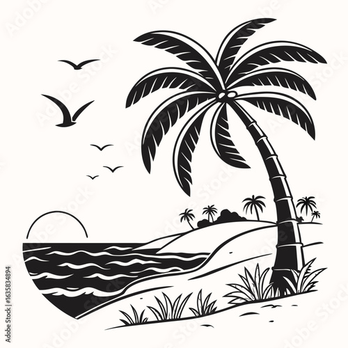 Vector art of tropical beach scene with palm tree, ocean waves, and birds flying at sunset