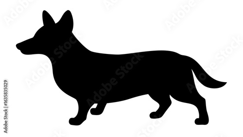Silhouette of a corgi dog standing with short legs and pointed ears in a side profile view on white background