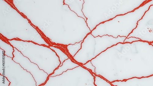 Illustration of bold red veins traverse a smooth white surface, creating an abstract design