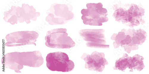 Set of soft pink watercolor translucent spots. Brushstrokes and blots of pink girly color. Collection of pastel abstract shapes for background, vector graphic