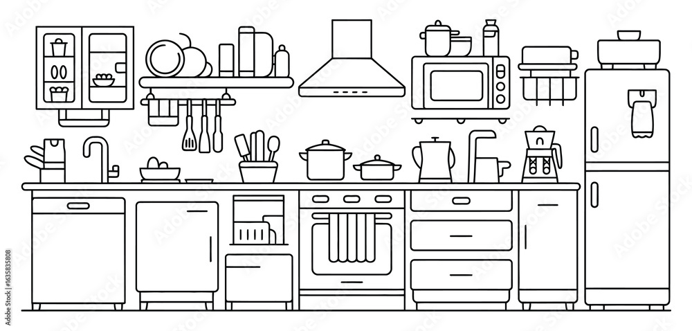 Fototapeta premium Detailed outline drawing of a fully equipped modern kitchen