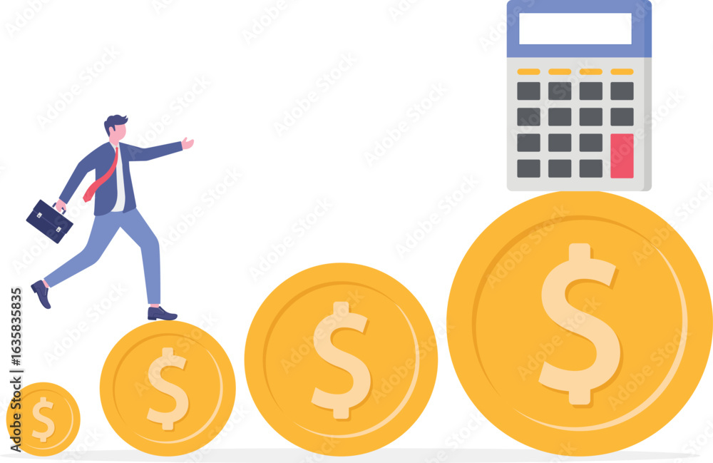 Flat illustration of businessman climbing staircase of gold coins toward calculator
Flat illustration of businessman climbing staircase of gold coins toward calculator