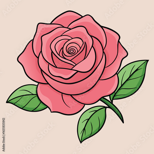 Vector art of a beautiful pink rose with green leaves, a classic symbol of love and romance, perfect for various design needs