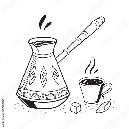 Whimsical Coffee Still Life Hand Drawn Turkish Coffee Pot with Steaming Cup and Sugar Cube