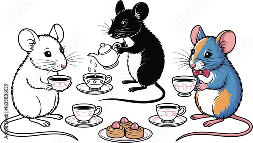 Charming mice enjoy tea party with pastries, a delightful scene