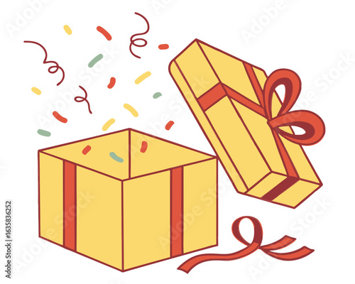 Vector art of yellow gift box with red ribbon and confetti exploding out, isolated on white background