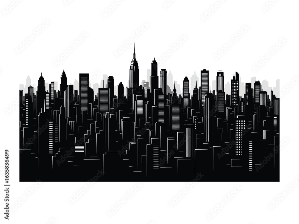 Fototapeta premium Urban Silhouette: An impressive cityscape silhouette, illustrating the modern architecture of a bustling metropolis, its skyscrapers reaching towards the sky.