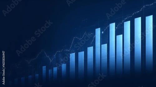 Blue stock market graph, a business background with an upward bar chart and financial data on a dark blue banner for trading or business growth concept.