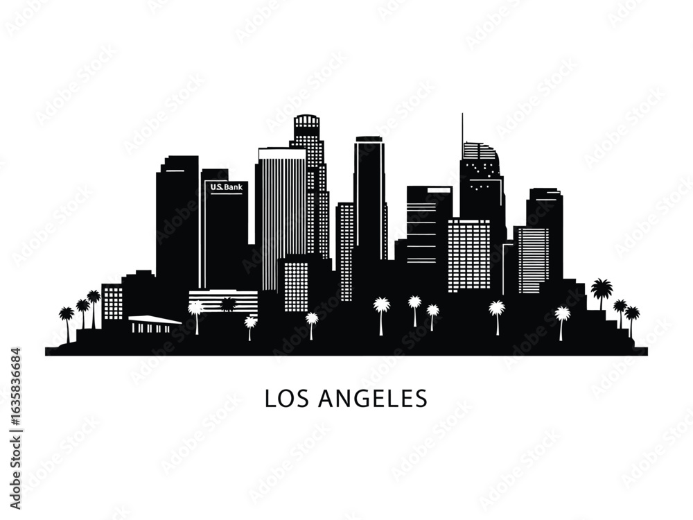 Naklejka premium Urban Silhouette: A striking monochrome silhouette of a city skyline, capturing the modern architecture with bold lines, minimalist aesthetic, and artistic representation of an iconic urban center.