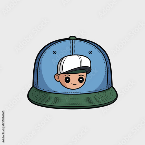 Cute cartoon boy face on a blue snapback baseball cap