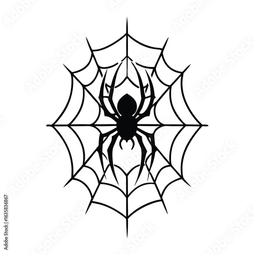 Vector art of a black silhouette of a spider on a web, isolated on white background