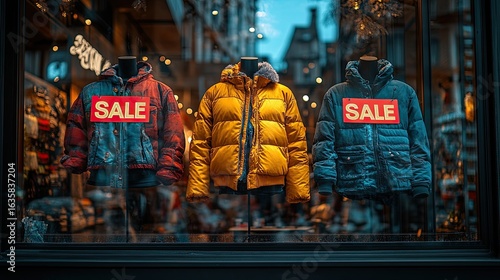 Store window with SALE stickers and mannequins in modern clothing.
