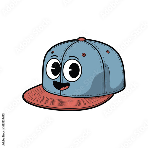 Cartoon snapback hat with googly eyes and smiling face