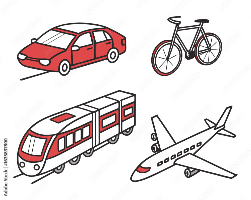 Fototapeta premium Vector art of collection of diverse transportation vehicles including a car, bicycle, train, and airplane, isolated on white background