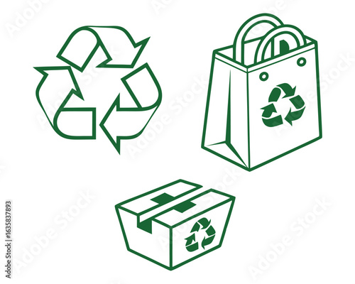 Vector art of recycling symbols and icons including a shopping bag and cardboard box, isolated on white background