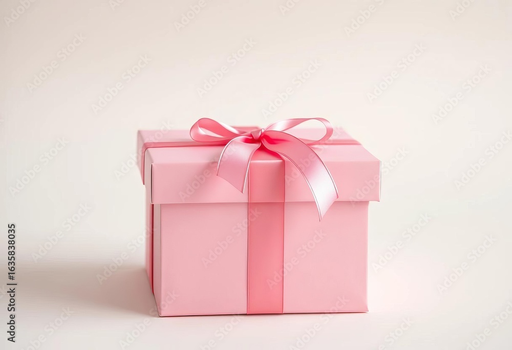 Obraz premium Elegant pink carton gift box with ribbon, ready for present, e-commerce, cardboard