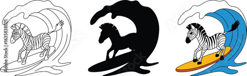 Surfing zebra rides a vibrant wave with energy and style