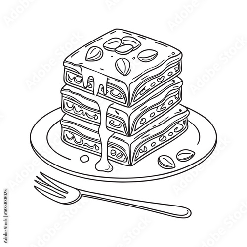 Linear Drawing of Baklava Stacked on Plate with Dripping Syrup and Almonds Featuring Utensil for Sweet Treat