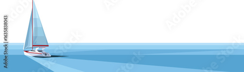 Sailboat sailing on blue ocean water. Vector illustration of a yacht with white sails for web banner design. Modern minimalist maritime scene with geometric waves and a nautical theme.