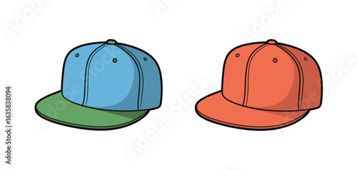 Two cartoon snapback hats one blue one orange