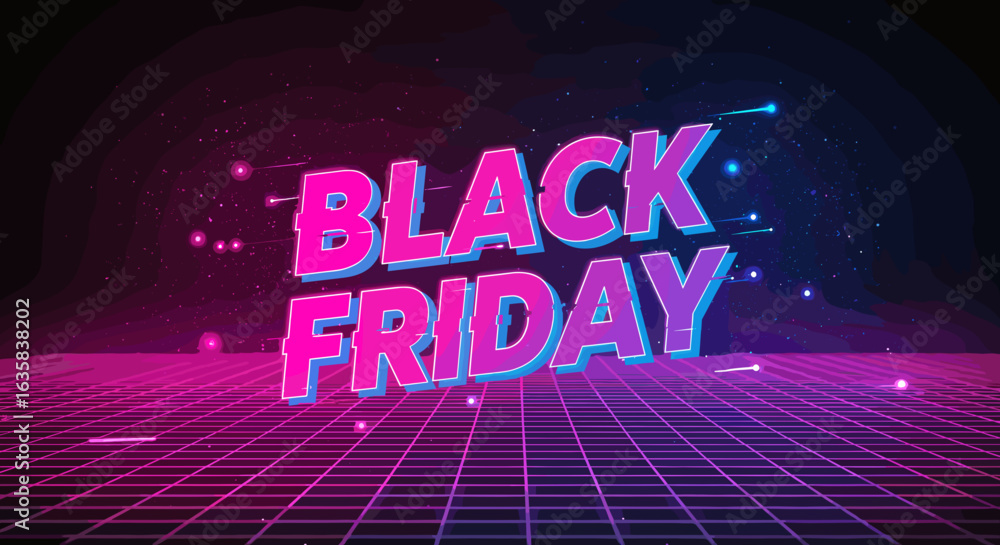 Naklejka premium Black Friday typography art in neon style on dark background 