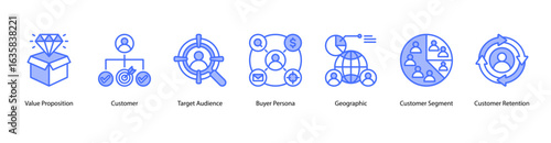 Customer Insight web banner icon vector illustration featuring Value Proposition, Customer, Target Audience, Buyer Persona, Geographic, Customer Segment, and Customer Retention.