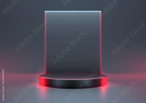 futuristic technology product display with neon glow black pedestal and red blue lighting in modern showroom mockup for sleek tech product showcase concept