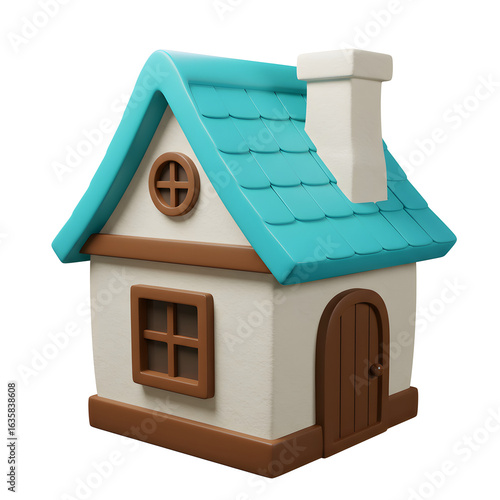 Charming cartoon-style house with turquoise roof and cozy details, perfect for playful designs.