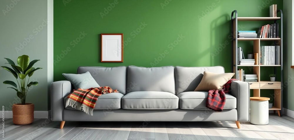 Fototapeta premium Grey sofa, green wall, plaid throw, shelving unit, grey sofa, sofa