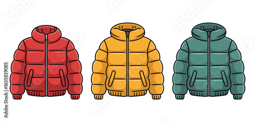 Three puffy winter jackets in red yellow and green