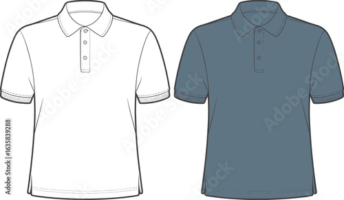  Polo shirt fashion sketch, men’s casual wear design, short sleeve flat sketch, front view, collar detail, rib cuff design