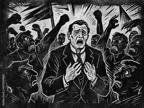 Distressed Man in Suit Surrounded by Chaotic Crowd During Protest