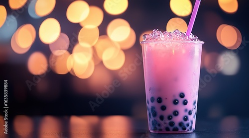 Pink Bubble Tea with Purple Topping in Glass, Black Pearls, Straw, on Dark Bokeh Background, Top View