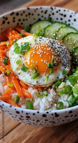 Japanese-Style Rice Bowl with Cucumber, Carrot, Egg, Garnished with Green Onion and Seeds in White Dot Bowl