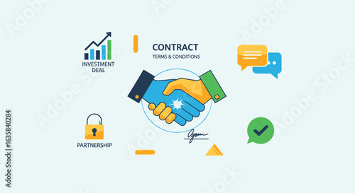 Illustration of a business contract with a handshake, investment growth chart, padlock, speech bubbles, signature and checkmark on a light blue background.