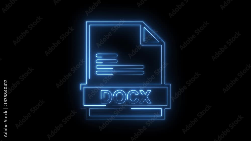 Glowing blue neon D O C X file icon animation with transparent background and futuristic digital document Glowing blue neon D O C X file icon animation with transparent background and futuristic digital document