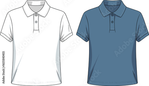  Polo shirt fashion sketch, men’s casual wear design, short sleeve flat sketch, front view, collar detail, rib cuff design