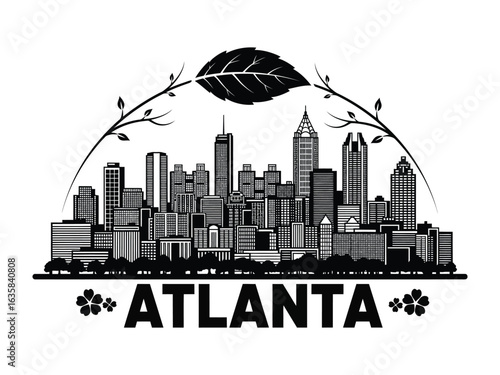 Atlanta Skyline: A detailed illustration of Atlanta's iconic skyline is presented in monochromatic style, showcasing the city's architectural and urban landscape.
