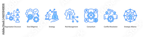 Operational Framework web banner icon vector illustration featuring Organization Structure, Due Diligence, Strategy, Risk Management, Consortium, Conflict Resolution, and Strategic Alliance.