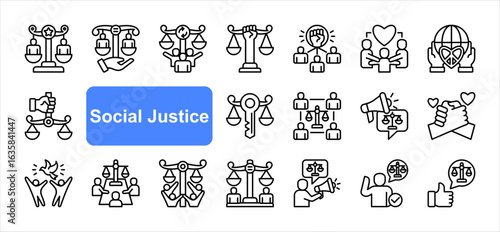 Social Justice icon collection set. Dignity, Equality, Justice, Empowerment, Solidarity, Rights, Opportunity, Diversity, Unity, Community.