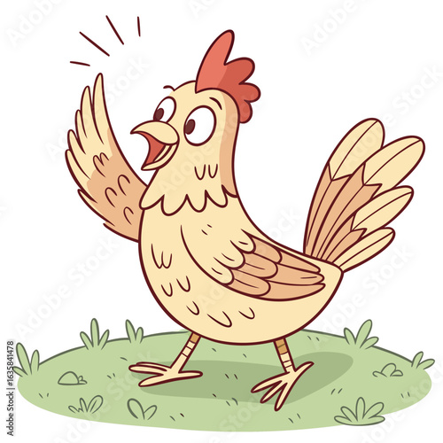 Vector art of a cheerful cartoon chicken standing on grass with its wing raised in a greeting gesture