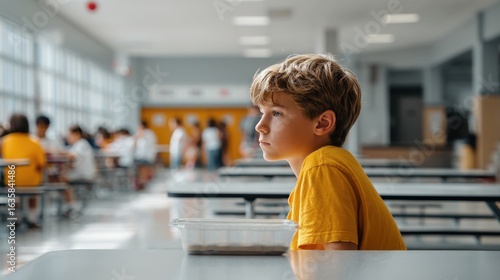 Child sitting alone in school cafeteria wearing yellow shirt during lunch hour