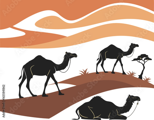 Vector art of camels walking across sand dunes in a desert landscape, symbolizing travel and adventure