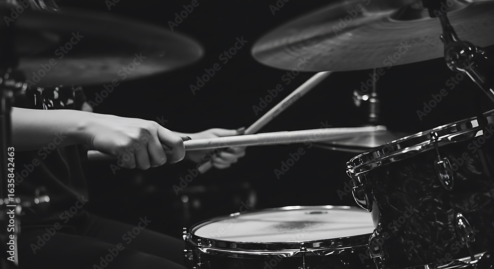Naklejka premium Person Playing Drums in Black and White with Drumsticks